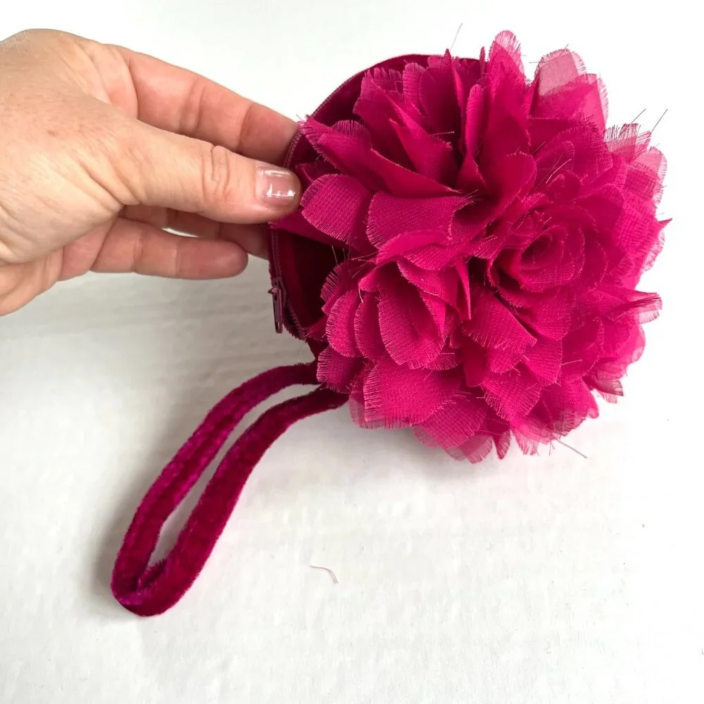 Cupcake Small Bag Wrist Clutch Wallet Velvet Flower Zip‎ Closure Hot Pink